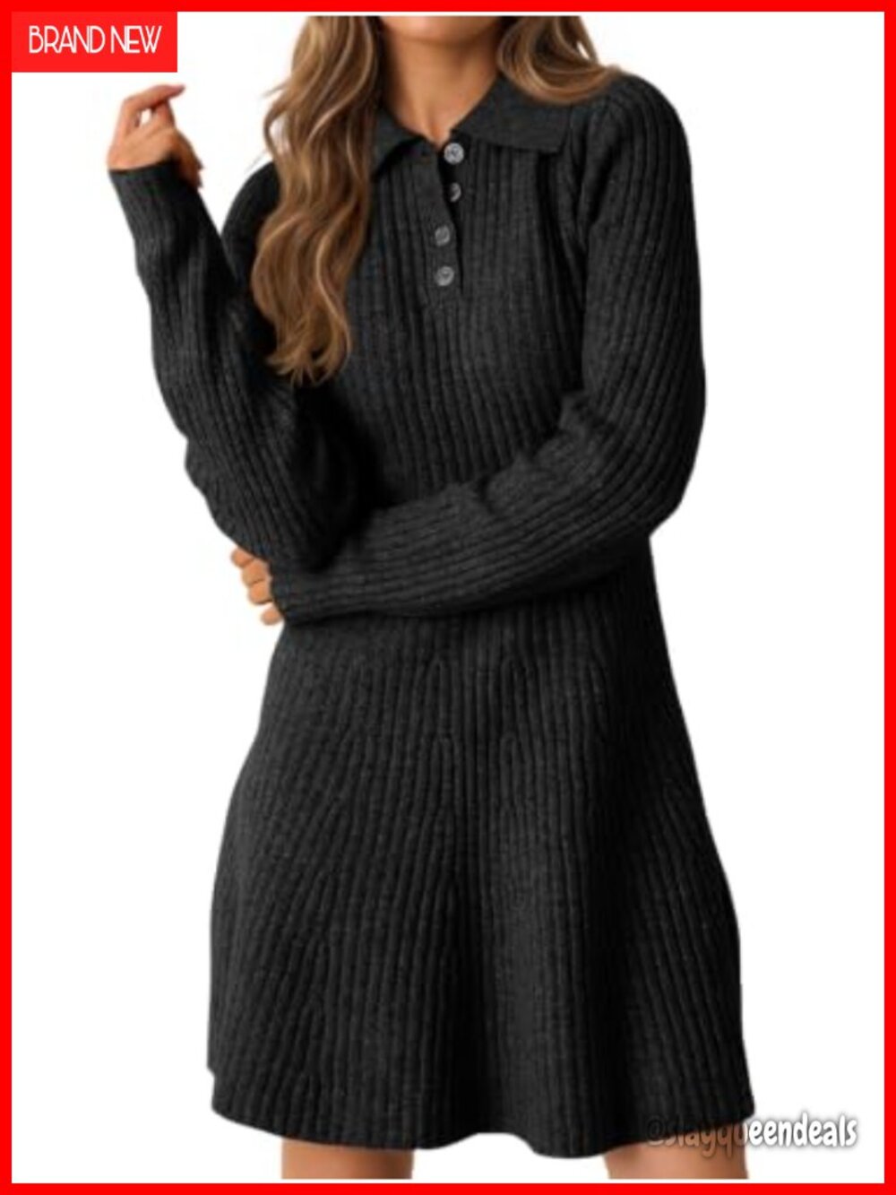 Ribbed Knit Polo Button Up Mini Sweater Dress Long Sleeve Fitted
